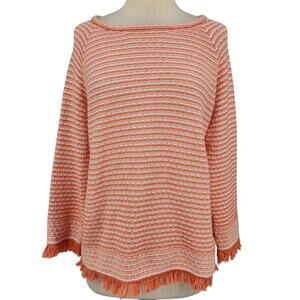 Kinross Cotton Stripe Fringe Sweater Size Medium Orange Knit